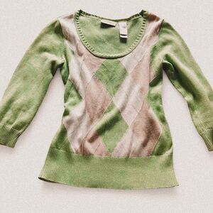 Liz Claiborne Vintage Preppy Green Cream Argyle Knit Sweater 90s Academia